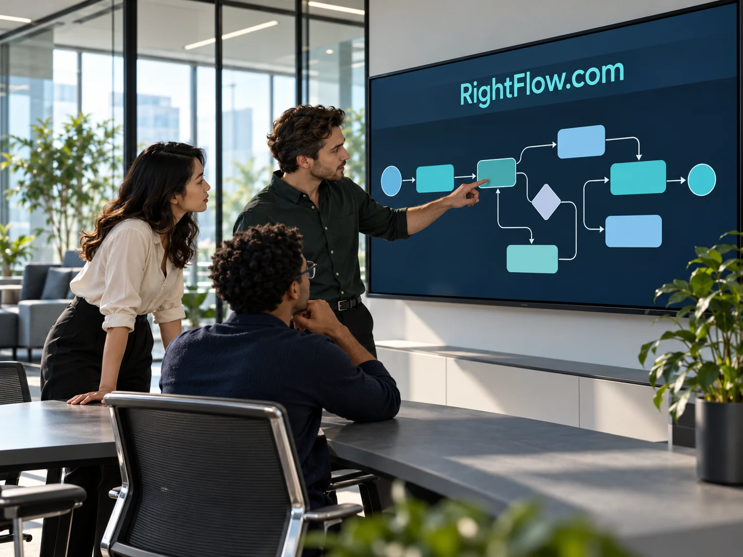 An operations team discusses a workflow on a wall display titled RightFlow.com.