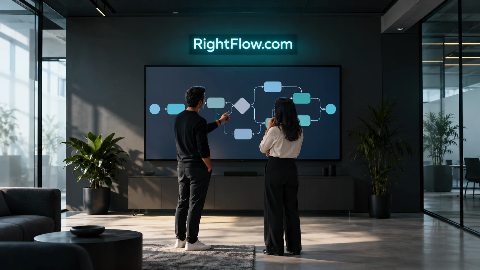 Two people in an operations studio review a workflow wall display beneath a teal RightFlow.com sign.