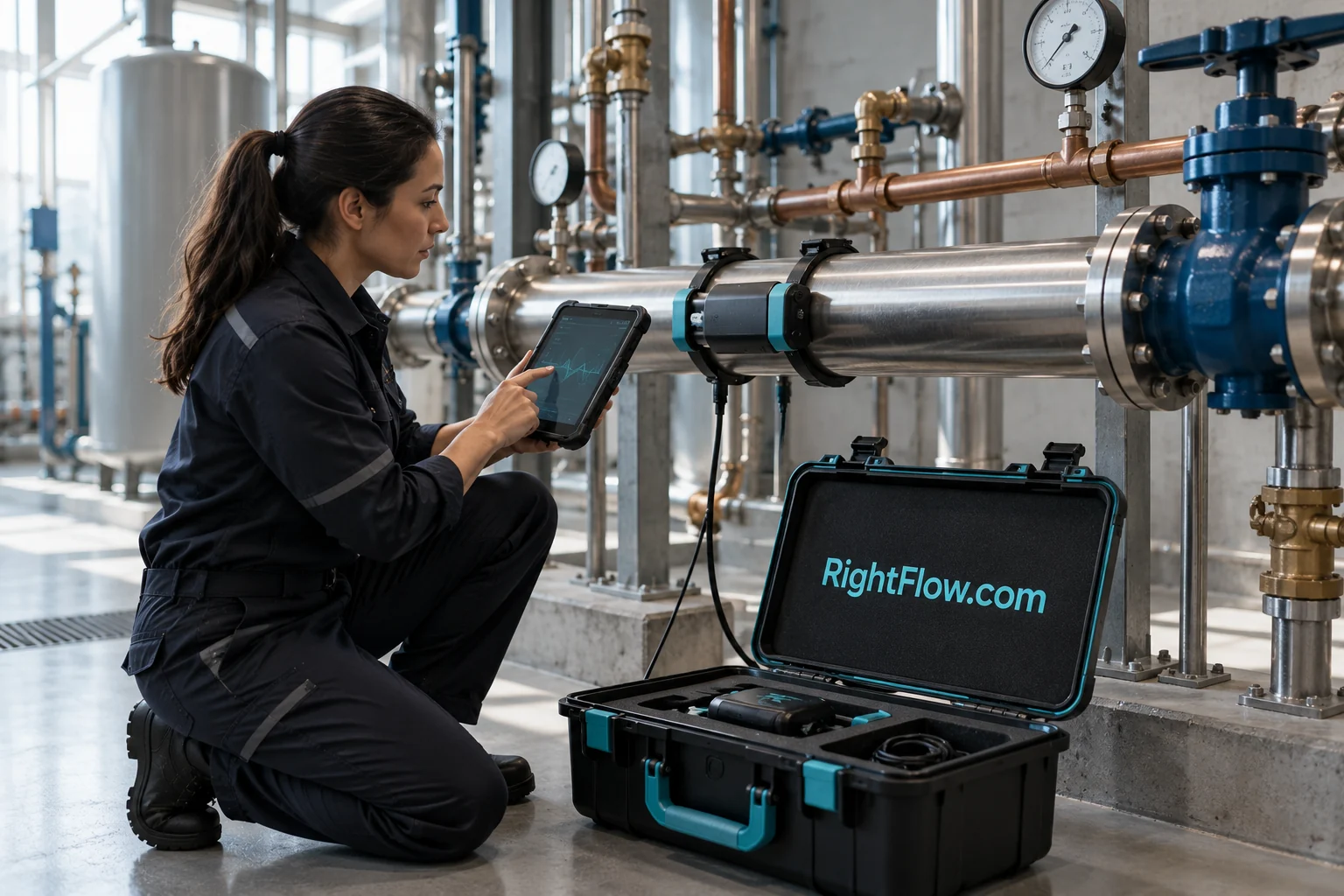 A field technician checking water pipework beside a RightFlow.com equipment case.