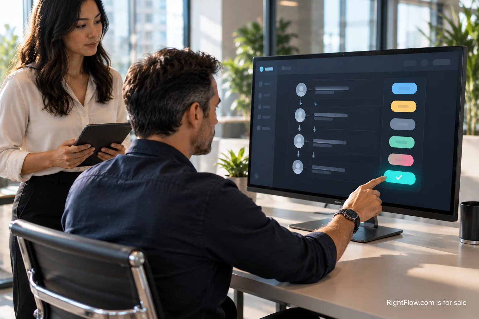A professional reviewing approval steps on a monitor, with a RightFlow.com is for sale watermark.