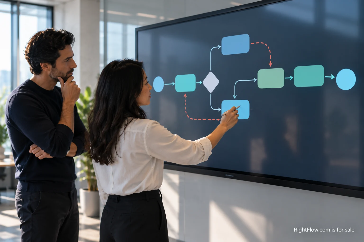 An operations team tracing a business process on a wall display, with a RightFlow.com is for sale watermark.